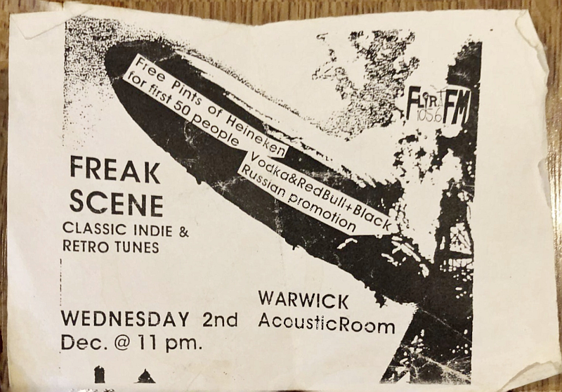 Black and white flyer with a zeppelin for Freak Scene at The Warwick